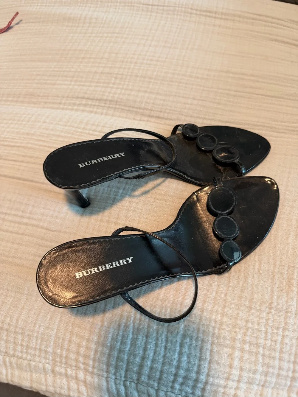Burberry Black Leather Strappy Mid-Heel Sandals with Circular Accents - Picture 1 of 7